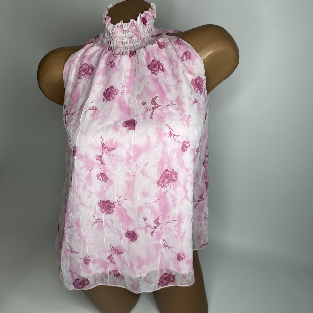 Y2K Pink Rose Floral Chiffon Halter Blouse Smocked Mock Neck Coquette Fairy M